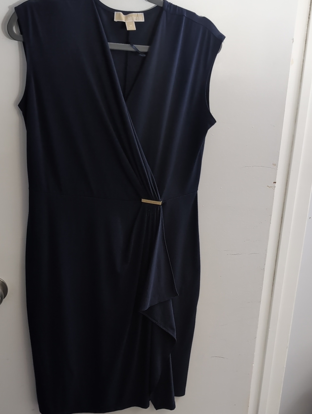 Sleeveless Navy Wrap Dress with Drape Detail